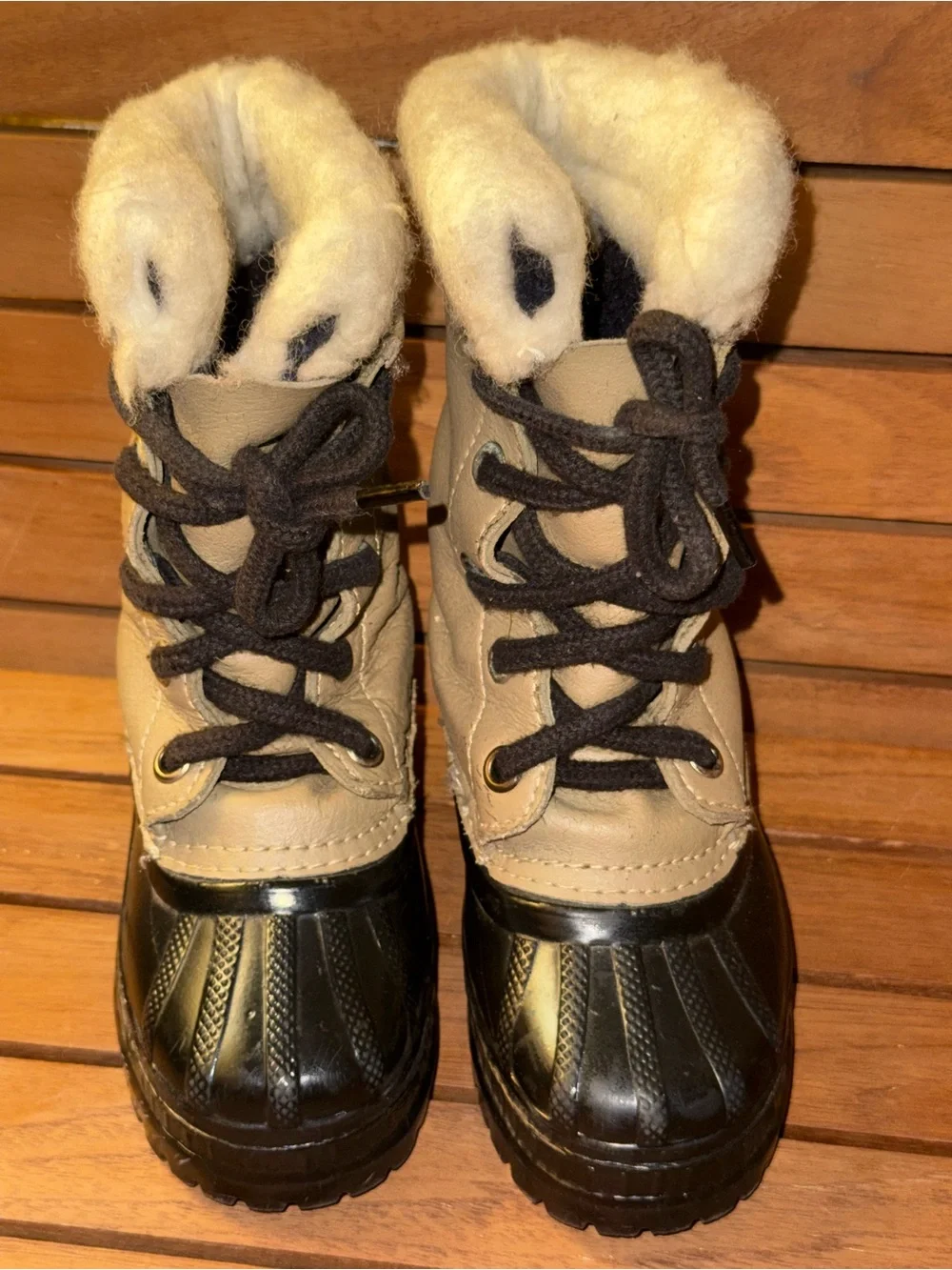 Vintage LaCrosse Youth Pac Snow Boots Sz 8 Toddler Made in USA Tan Black Fleece